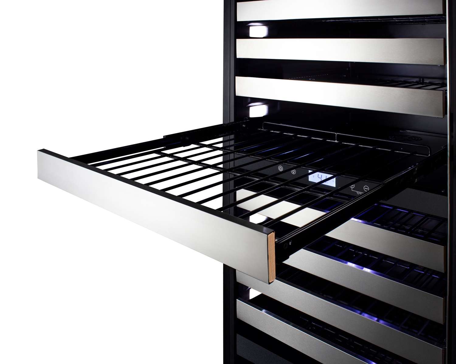 Triple zone 149 bottle commercial wine cellar for built-in or freestanding use, with a glass door with seamless stainless steel trim, digital thermostats, full-extension shelving, and factory-installed lock